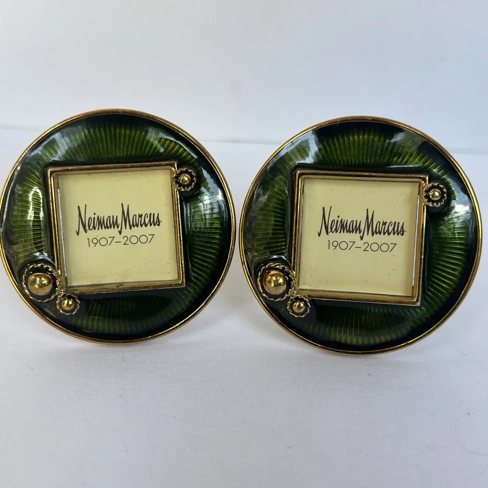 Jay Strongwater Neiman Marcus Set x2 Green Enamel Small Frame Clip w/ Stand NOS